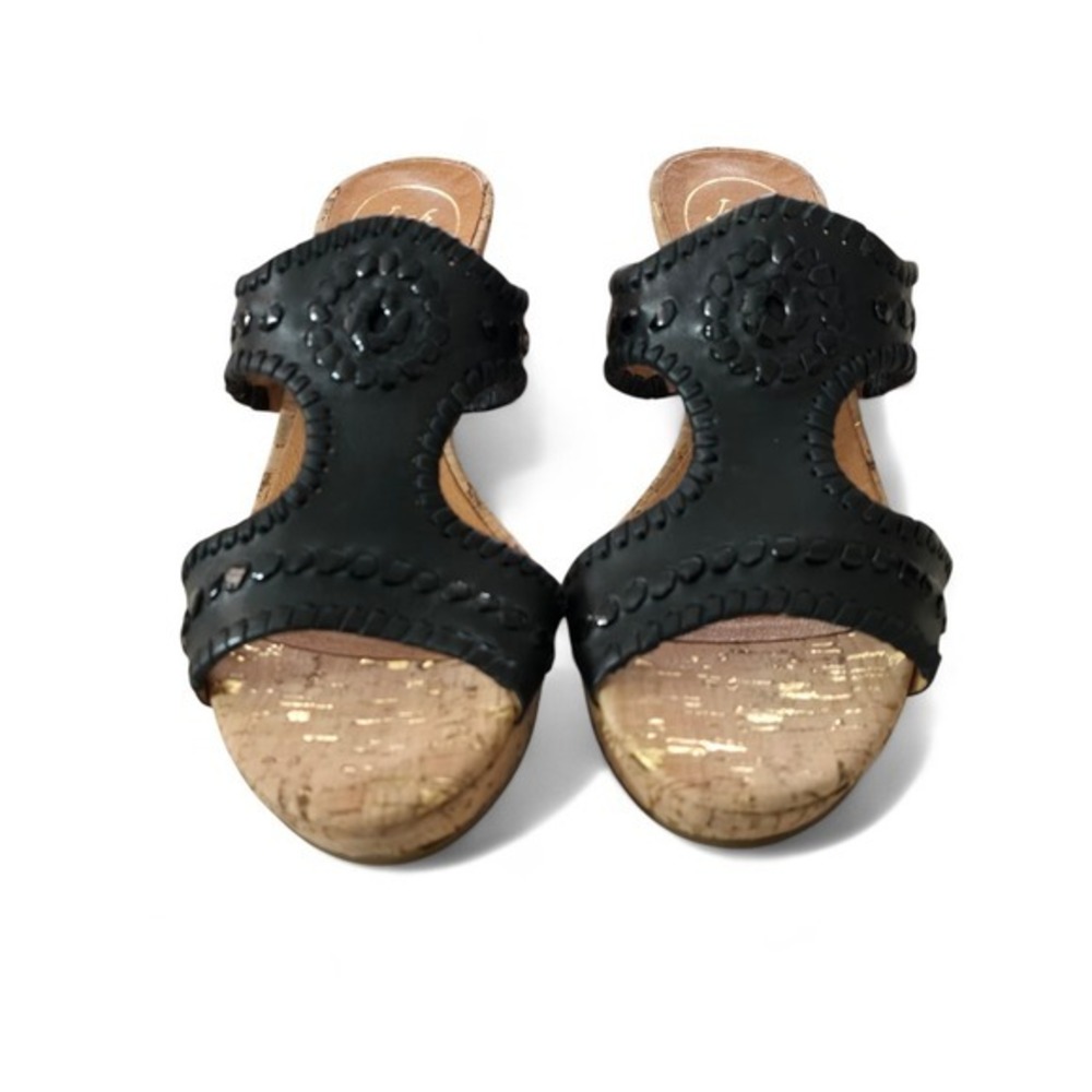 Jack Rogers Black‎ Leather Whipstitch Cork Wedge Sandals Gold Fleck 7.5M